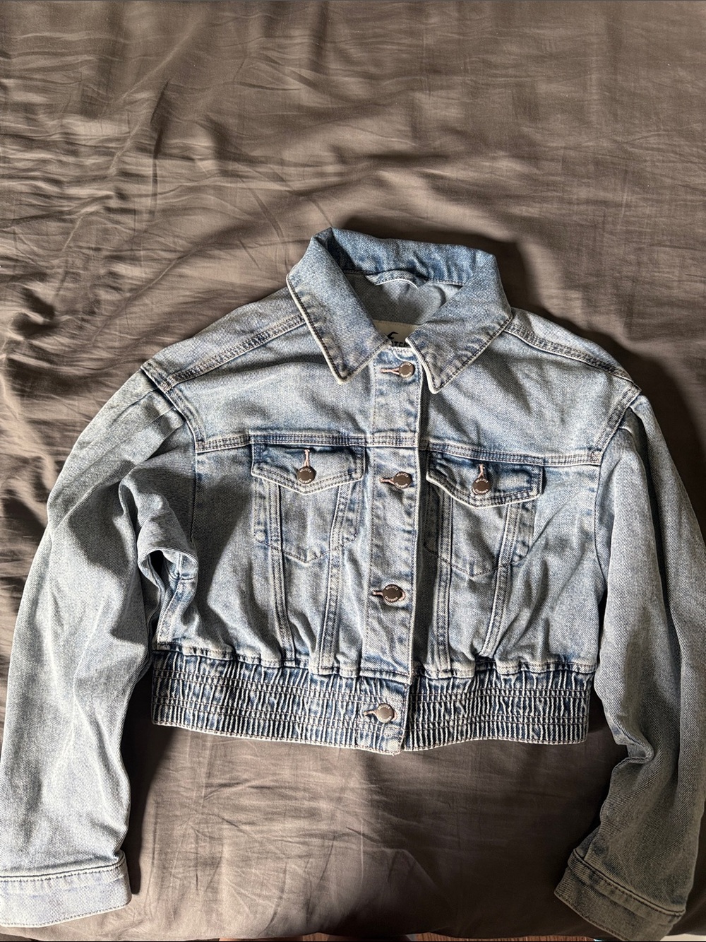 Light Blue Cropped Denim Jacket with Elastic Hem - Women